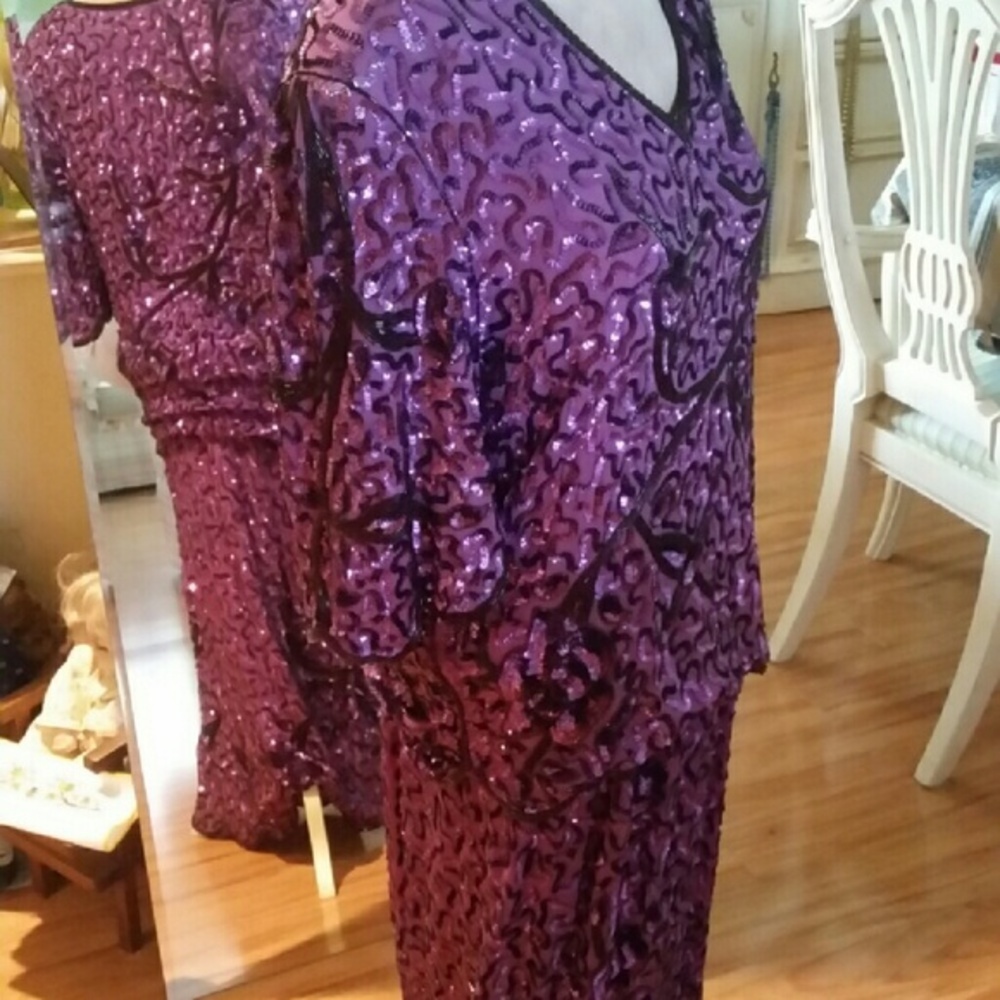 Purple Beaded Sheer sequin 2pc Top And Skirt - Picture 6 of 17